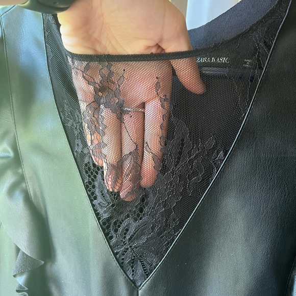 Zara Combine Tube Ruffle Faux Leather Mini Dress with Lace Sleeves - Picture 7 of 10